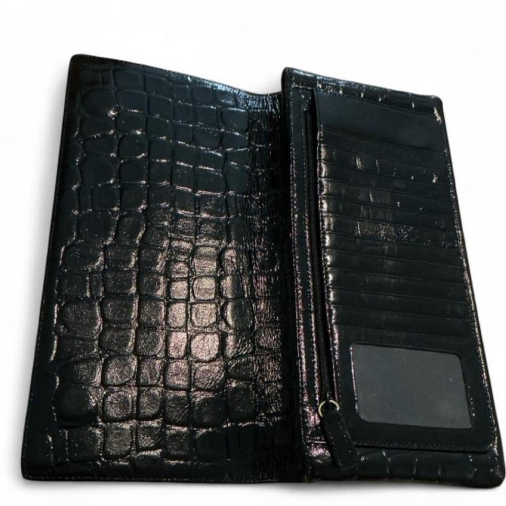 Nordstrom Wallet Women OS Black Excellent Croc Embossed Leather Patent Long